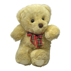 Vintage Commonwealth Two Tone Teddy Bear Plush Plaid Bow Beige Stuffed Animal 7"